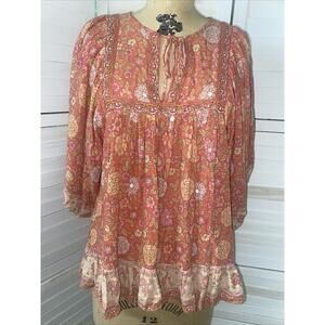 Rachel Zoe Womens Babydoll Shirt Pink Floral Boxy 1/2 Sleeve V-Neck Top Medium